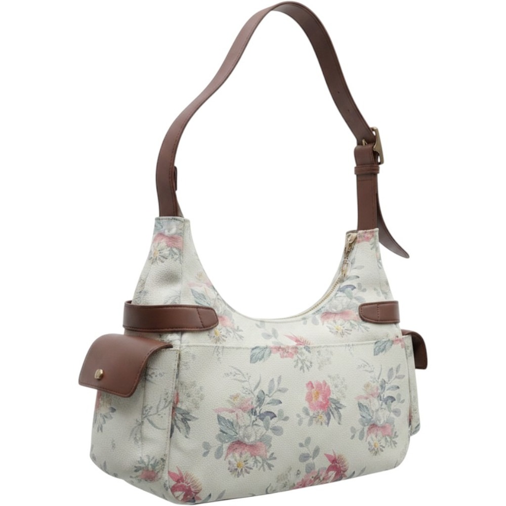 Fiorelli Floral Shoulder Bag Cream Brown Faux Leather Hobo Satchel‎ Handbag
